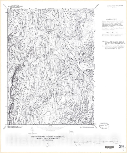 Map : Contour map of the bedrock surface, Middletown quadrangle, Connecticut, 1976 Cartography Wall Art :