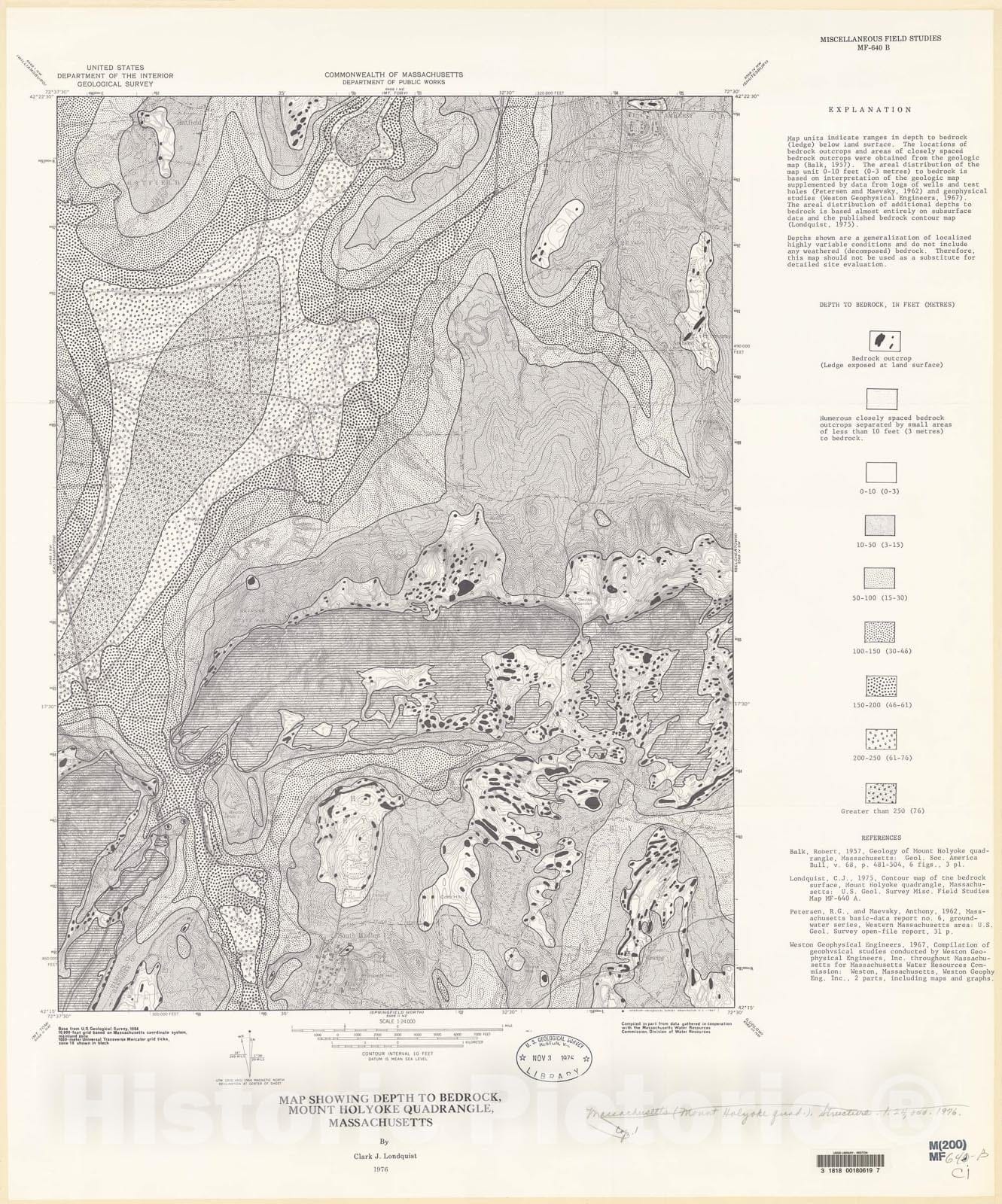 Map : Map showing depth to bedrock, Holyoke quadrangle, Massachusetts, 1976 Cartography Wall Art :