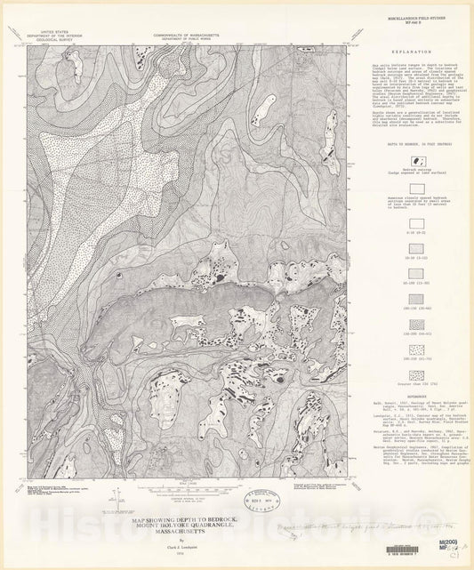 Map : Map showing depth to bedrock, Holyoke quadrangle, Massachusetts, 1976 Cartography Wall Art :