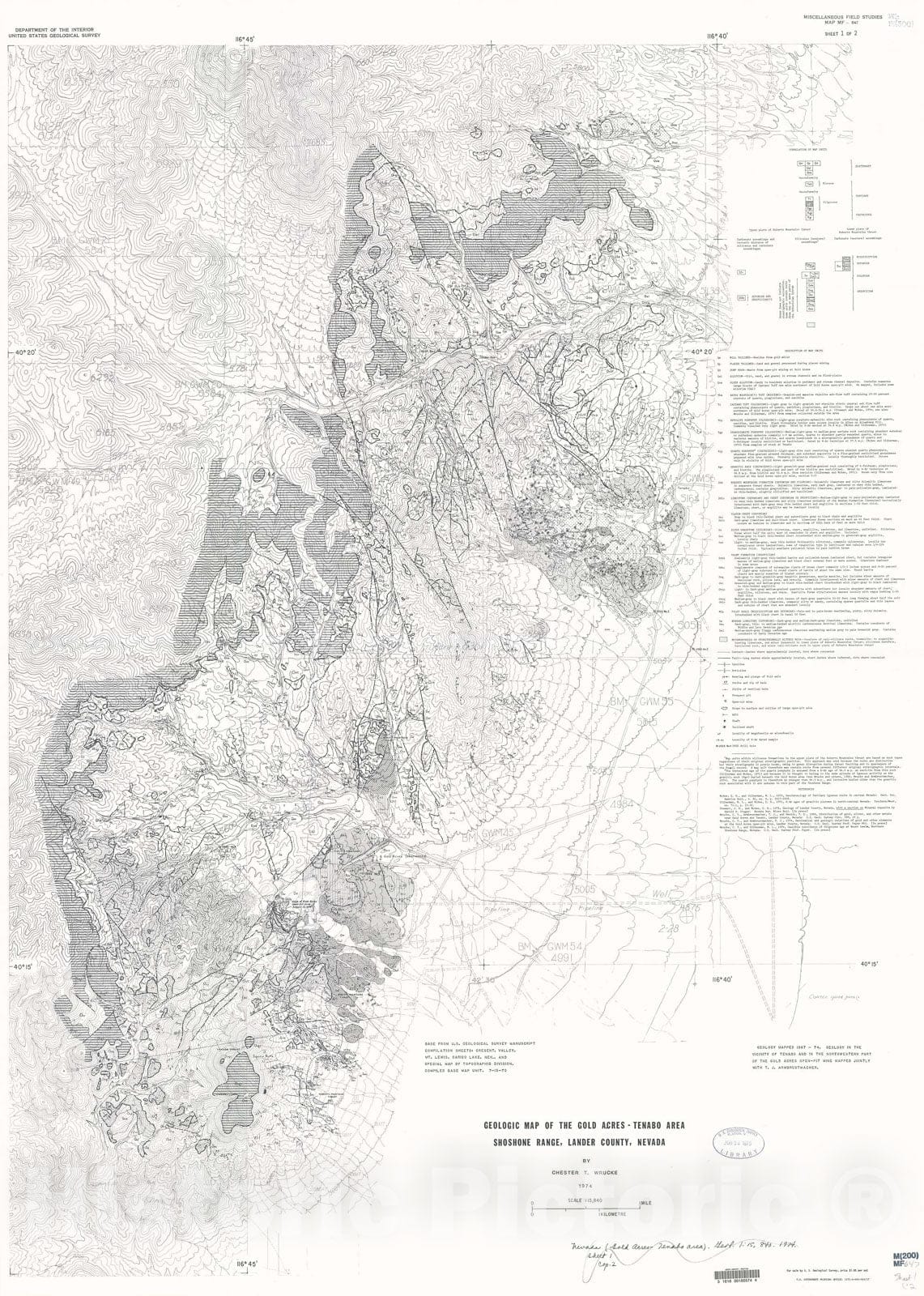 Map : Geologic map of the Gold Acres-Tenabo area, Shoshone Range, Lander County, Nevada, 1974 Cartography Wall Art :
