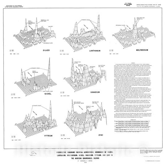 Map : Perspective diagrams showing geochemical abundance of silver, lanthanum, molybdenum, nickel, vanadium, 1975 Cartography Wall Art :