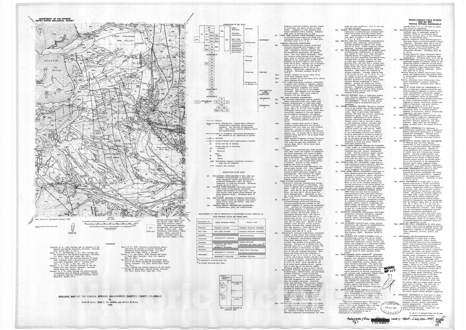Map : Geologic map of the Poncha Springs quadrangle, Chaffee County, Colorado, 1975 Cartography Wall Art :