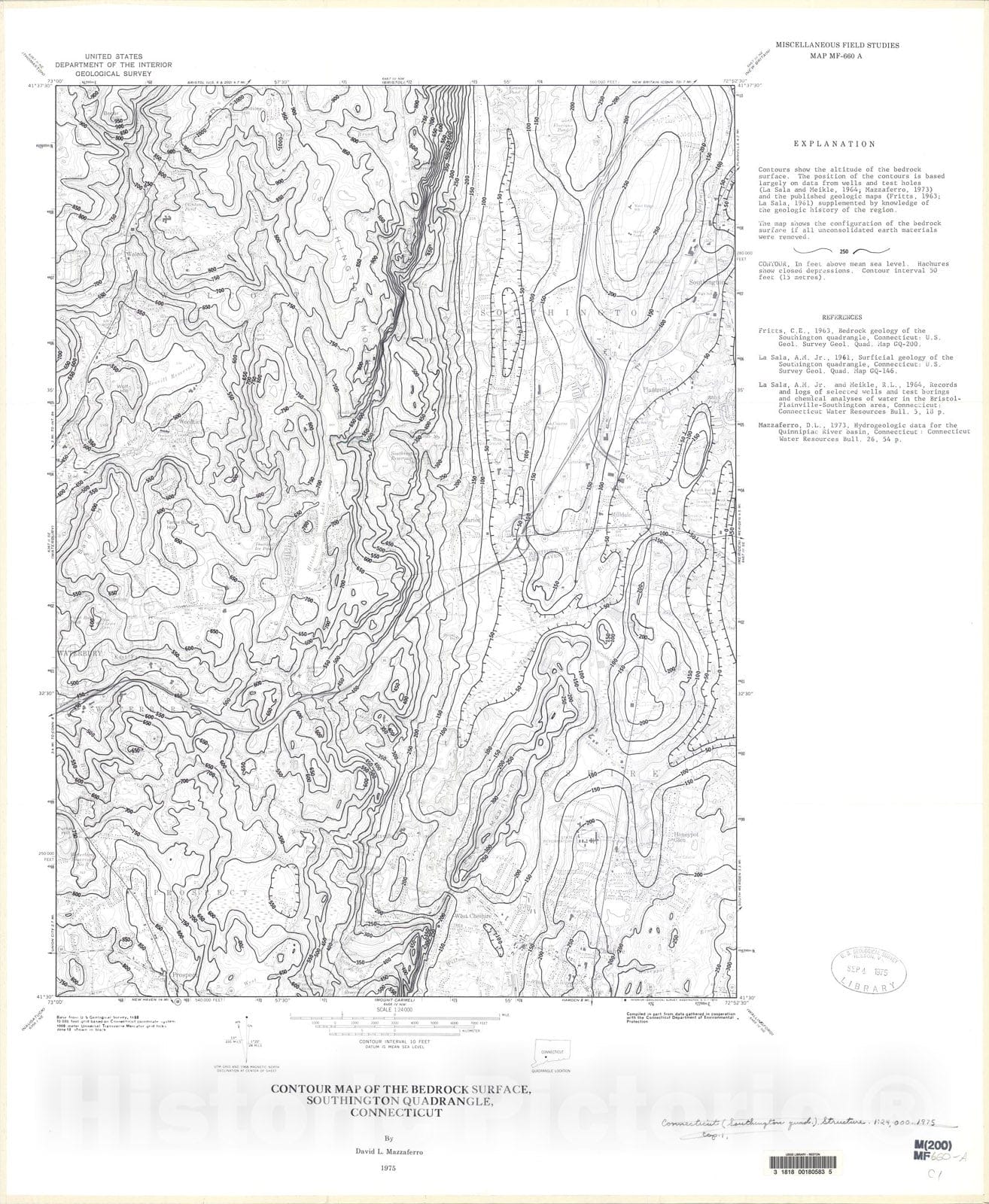 Map : Contour map of the bedrock surface, Southington quadrangle, Connecticut, 1975 Cartography Wall Art :