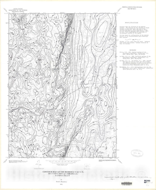 Map : Contour map of the bedrock surface, Southington quadrangle, Connecticut, 1975 Cartography Wall Art :