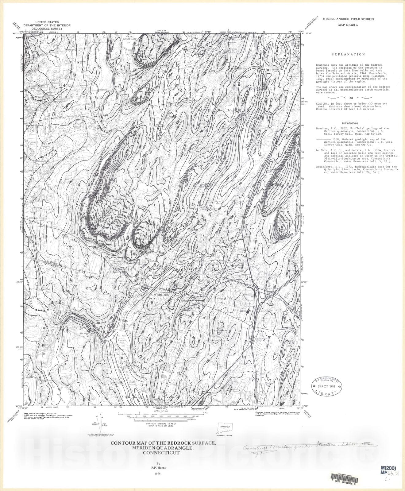 Map : Contour map of the bedrock surface, Meriden quadrangle, 1976 Cartography Wall Art :