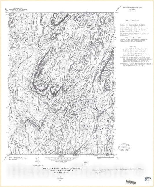 Map : Contour map of the bedrock surface, Meriden quadrangle, 1976 Cartography Wall Art :