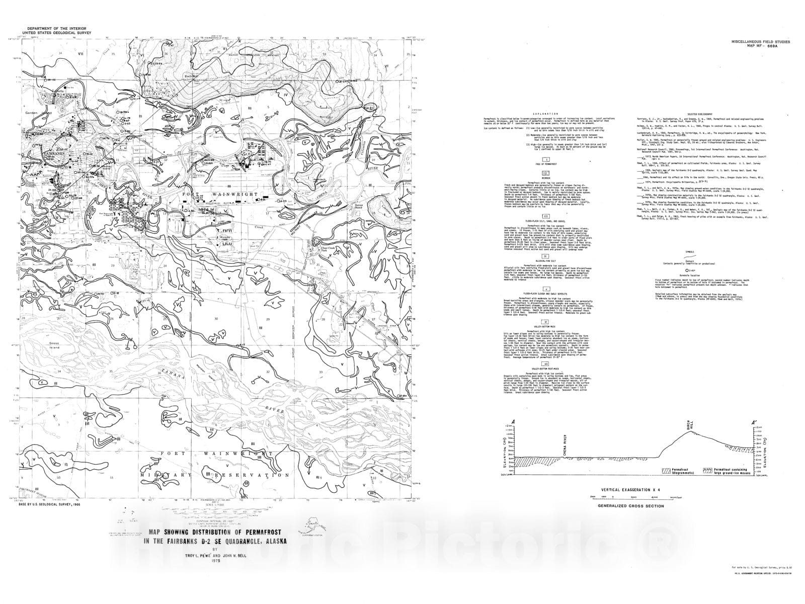 Map : Map showing distribution of permafrost in the Fairbanks D-2 SE quadrangle, Alaska, 1975 Cartography Wall Art :