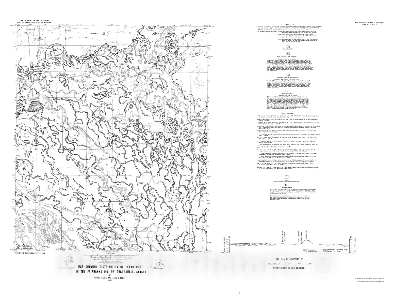 Map : Map showing distribution of permafrost in the Fairbanks D-1 SW quadrangle, Alaska, 1975 Cartography Wall Art :