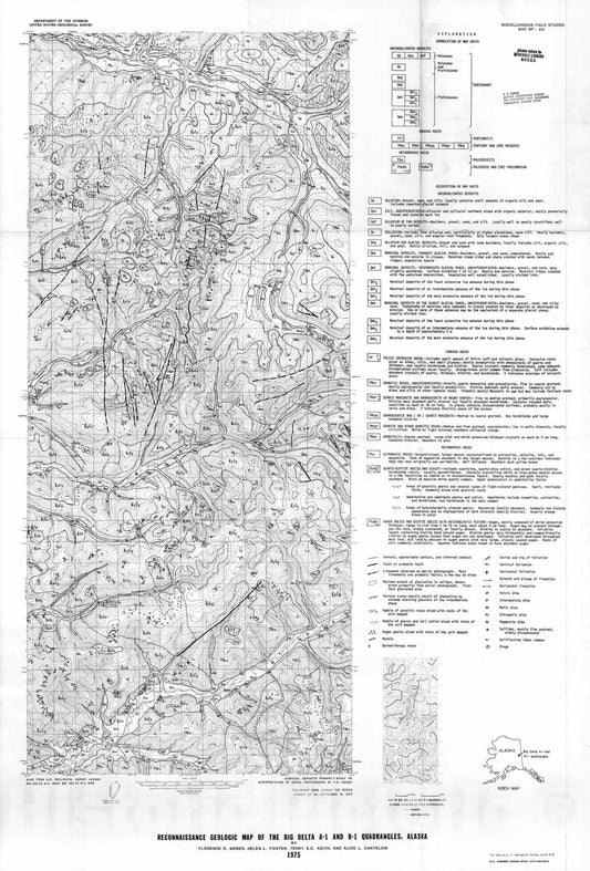 Map : Reconnaissance geologic map of the Big Delta A-1 and B-1 quadrangles, Alaska, 1975 Cartography Wall Art :