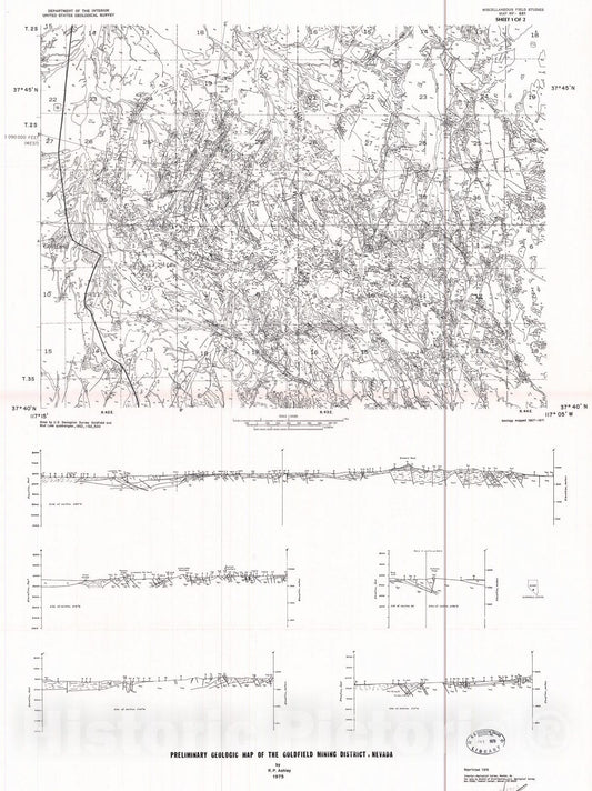 Map : Preliminary geologic map of the Goldfield mining district, Nevada, 1975 Cartography Wall Art :