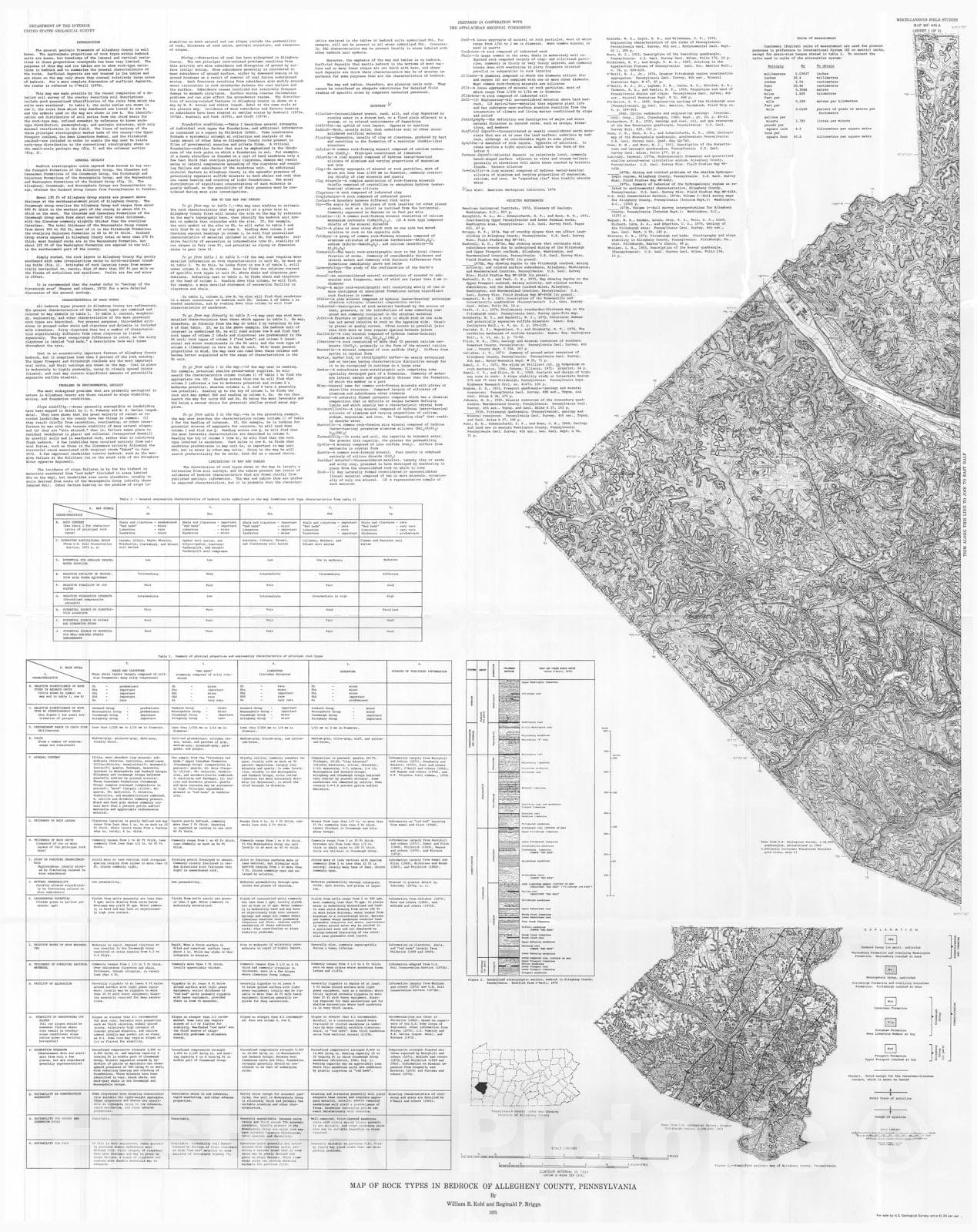 Map : Map of rock types in bedrock of Allegheny County, Pennsylvania, 1975 Cartography Wall Art :