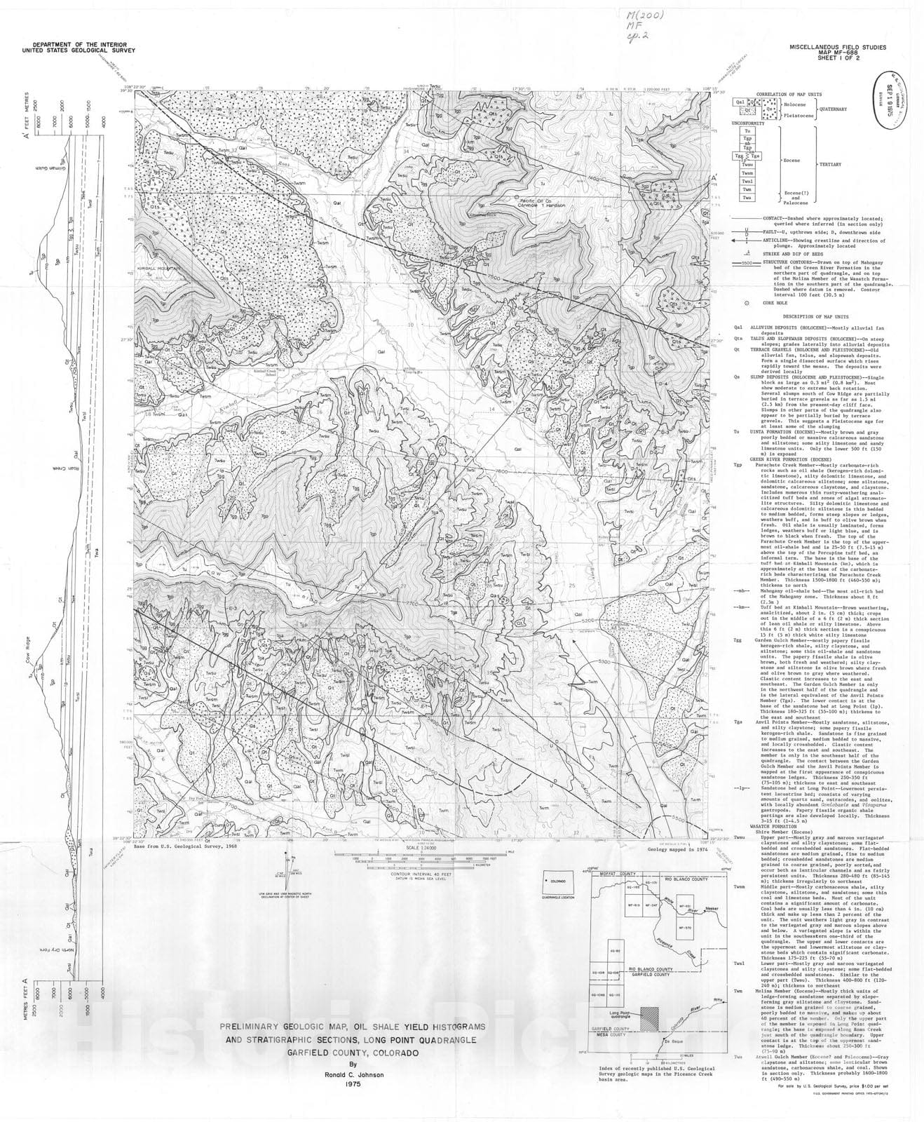 Map : Preliminary geologic map, oil shale yield histograms, and stratigraphic sections, Long Point quadrangle, Garfield County, Colorado, 1975 Cartography Wall Art :
