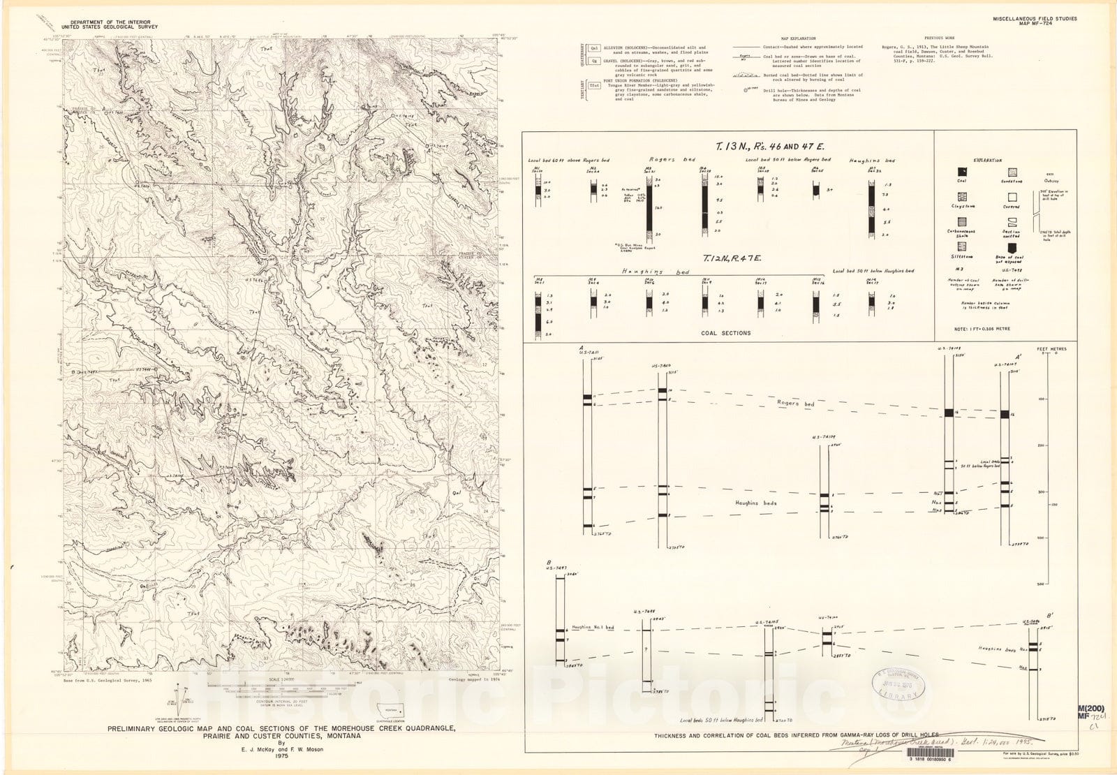 Map : Preliminary geologic map and coal sections of the Morehouse Creek quadrangle, Prairie and Custer Counties, Montana, 1975 Cartography Wall Art :