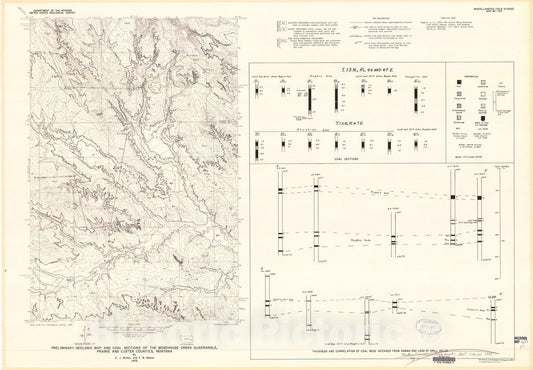 Map : Preliminary geologic map and coal sections of the Morehouse Creek quadrangle, Prairie and Custer Counties, Montana, 1975 Cartography Wall Art :