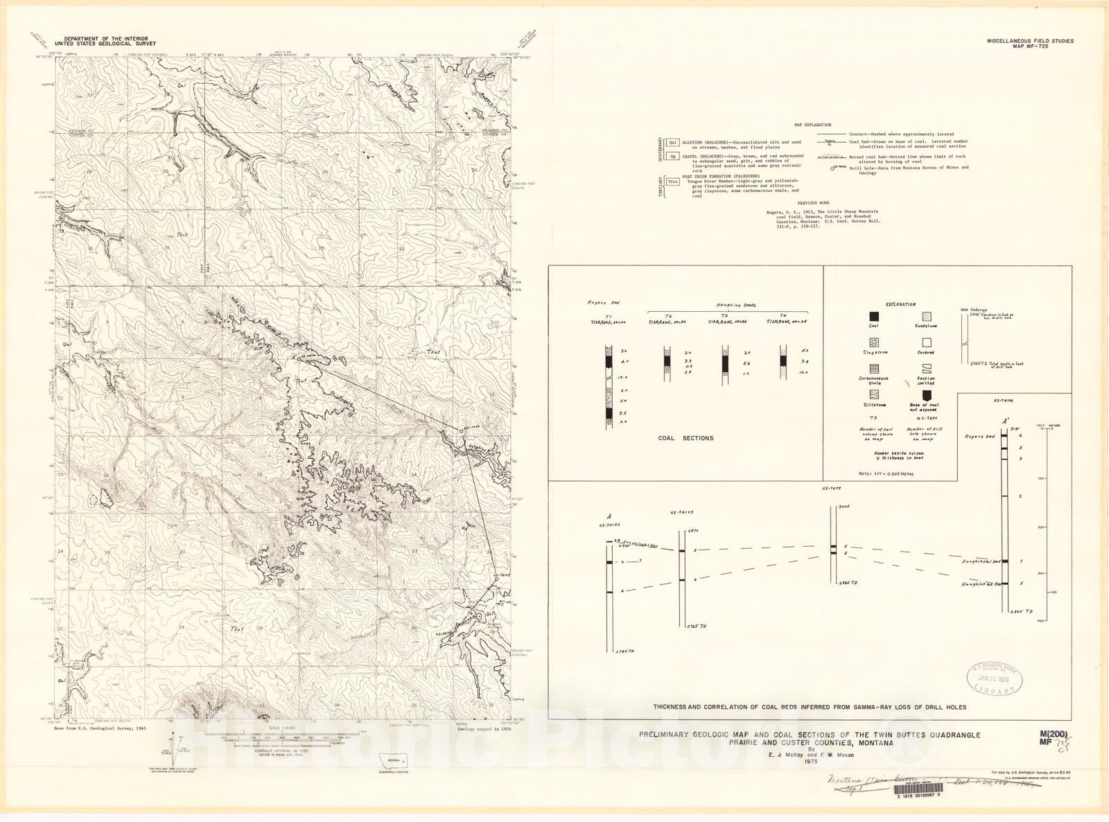 Map : Preliminary geologic map and coal sections of the Twin Buttes quadrangle, Prairie and Custer Counties, Montana, 1975 Cartography Wall Art :