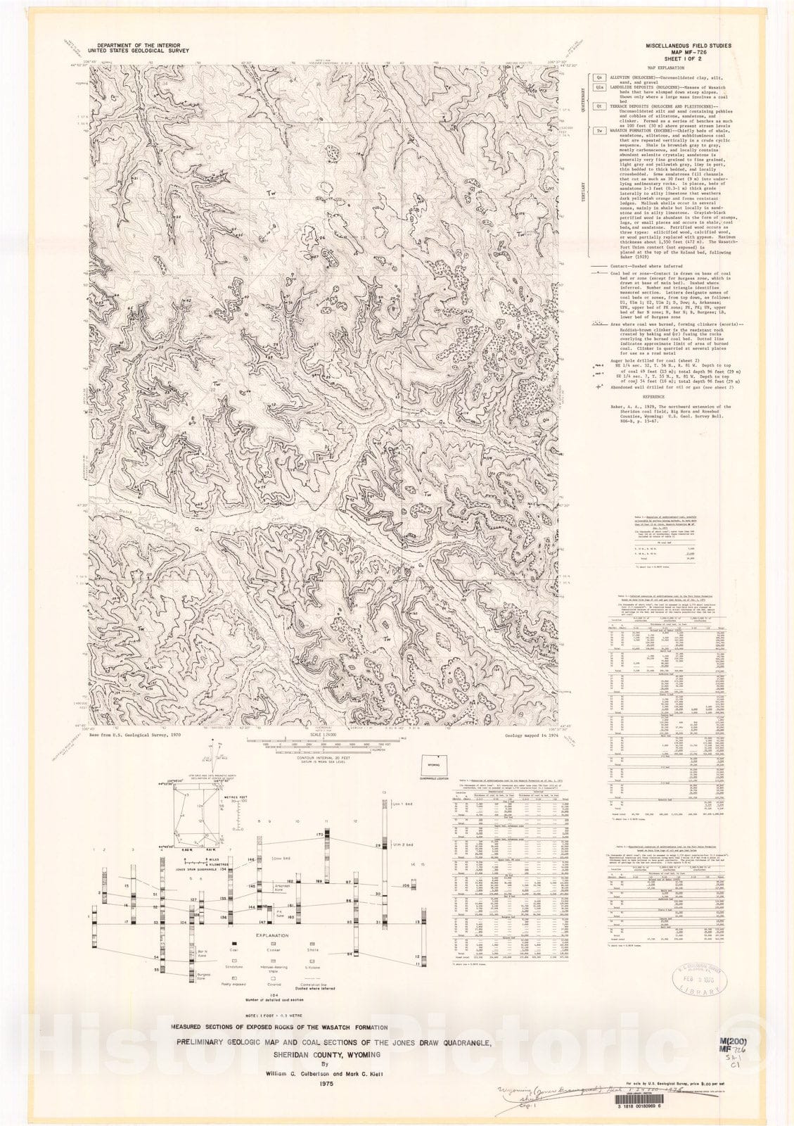 Map : Preliminary geologic map and coal sections of the Jones Draw quadrangle, Sheridan County, Wyoming, 1975 Cartography Wall Art :