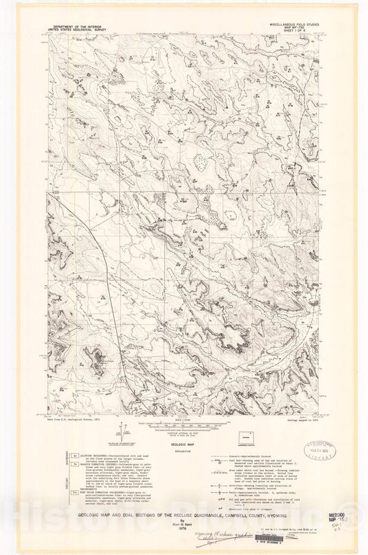 Map : Preliminary geologic map and coal sections of the Recluse quadrangle, Campbell County, Wyoming, 1976 Cartography Wall Art :