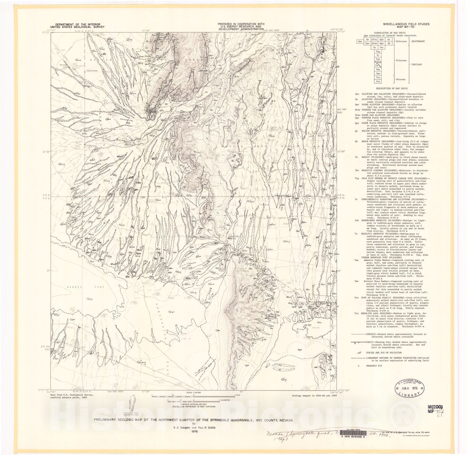 Map : Preliminary geologic map of the northwest quarter of the Springdale quadrangle, Nye County, Nevada, 1976 Cartography Wall Art :