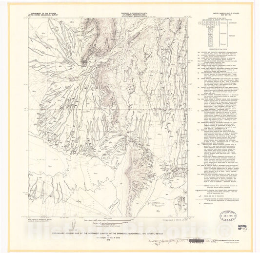Map : Preliminary geologic map of the northwest quarter of the Springdale quadrangle, Nye County, Nevada, 1976 Cartography Wall Art :