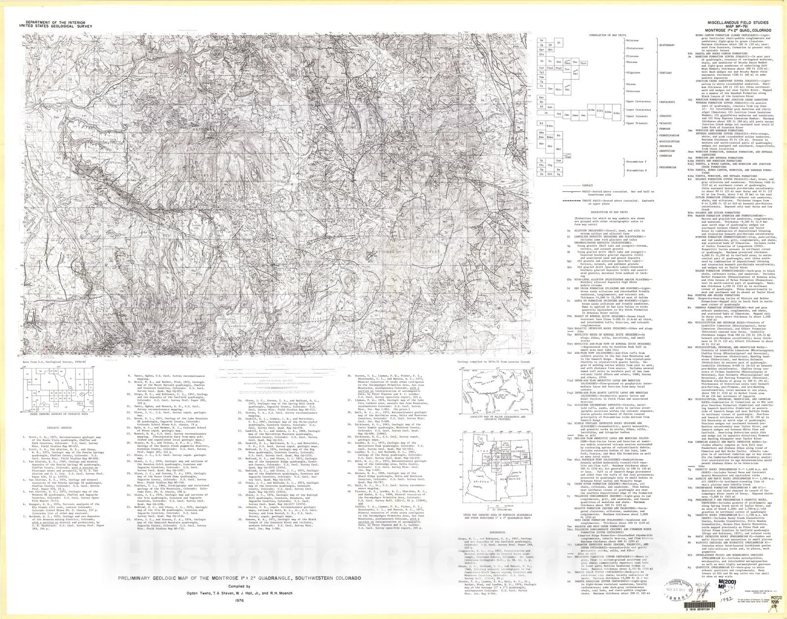 Map : Preliminary geologic map of the Montrose one degree x two degrees quadrangle, northwestern Colorado, one976 Cartography Wall Art :