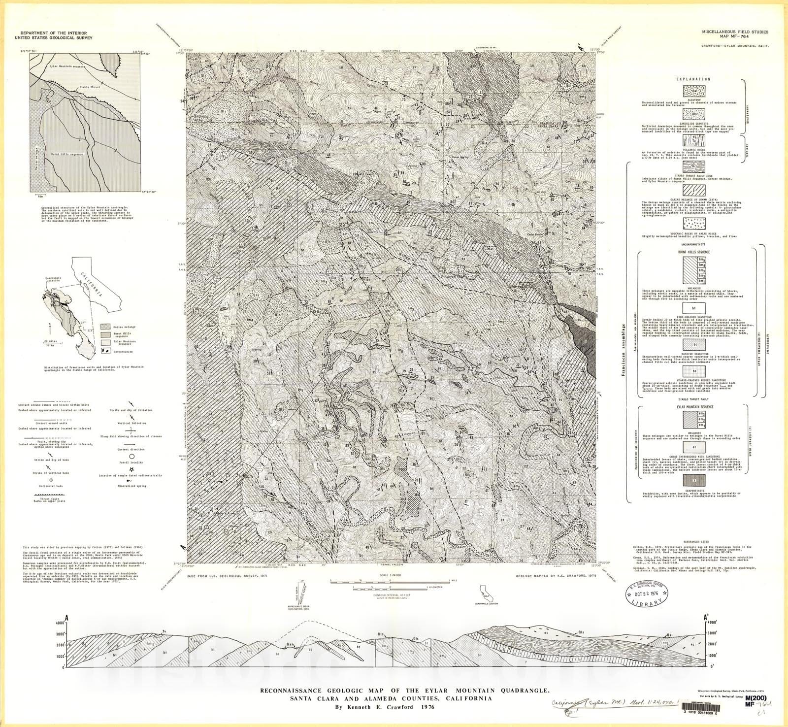 Map : Reconnaissance geologic map of the Eylar Mountain quadrangle, Santa Clara and Alameda Counties, California, 1976 Cartography Wall Art :