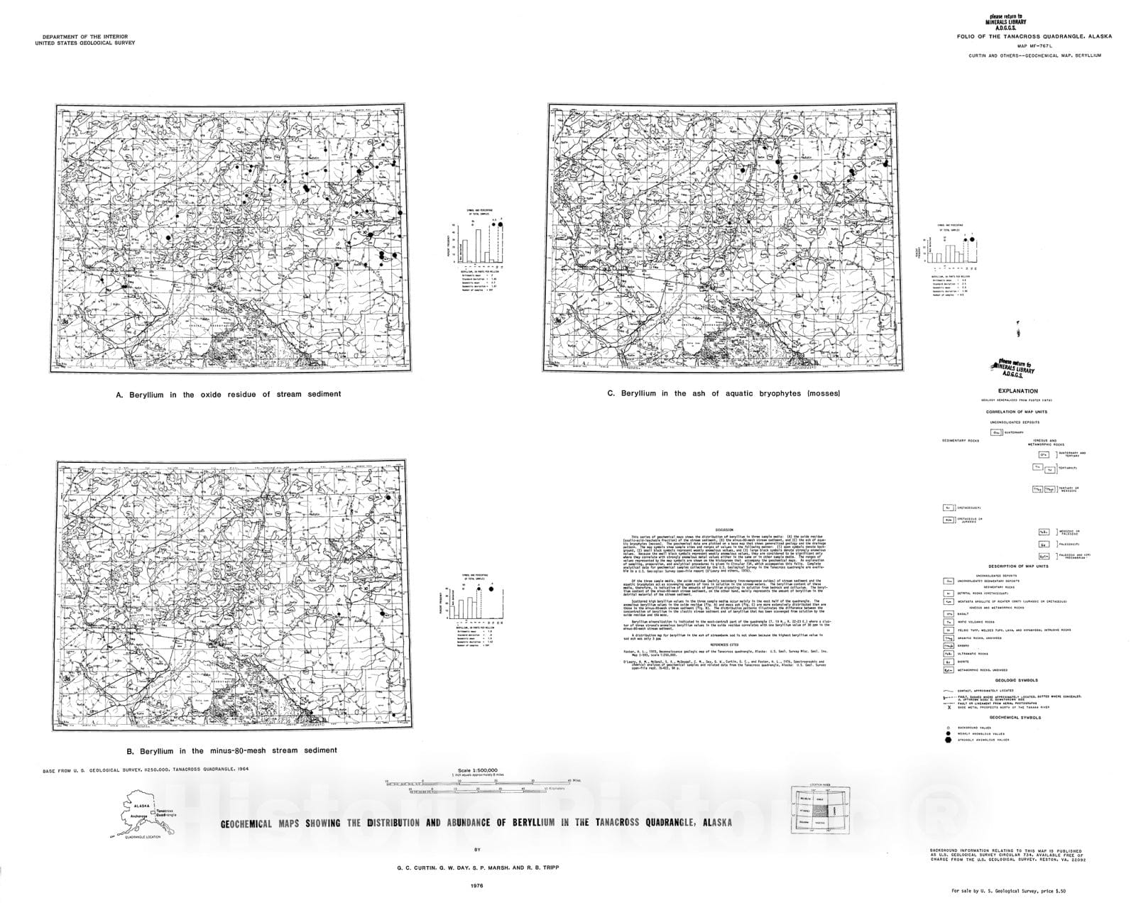 Map : Geochemical maps showing the distribution and abundance of beryllium in the Tanacross quadrangle, Alaska, 1976 Cartography Wall Art :