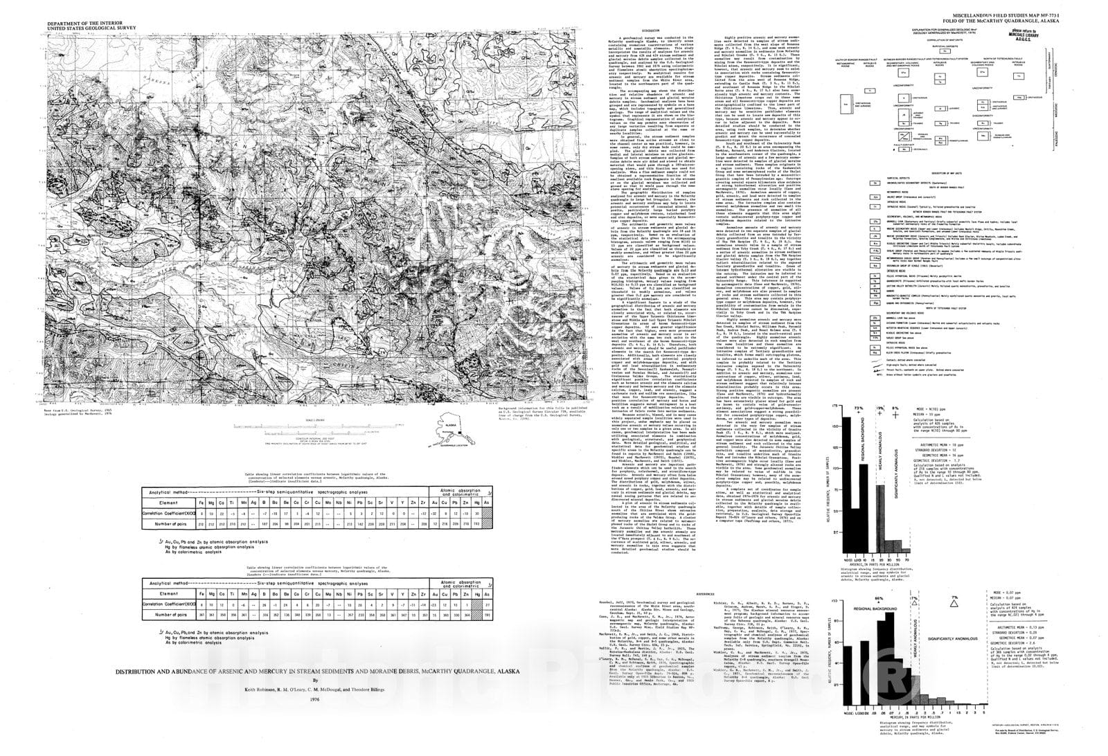 Map : Distribution and abundance of arsenic and mercury in stream sediments and moraine debris, McCarthy quadrangle, Alaska, 1976 Cartography Wall Art :