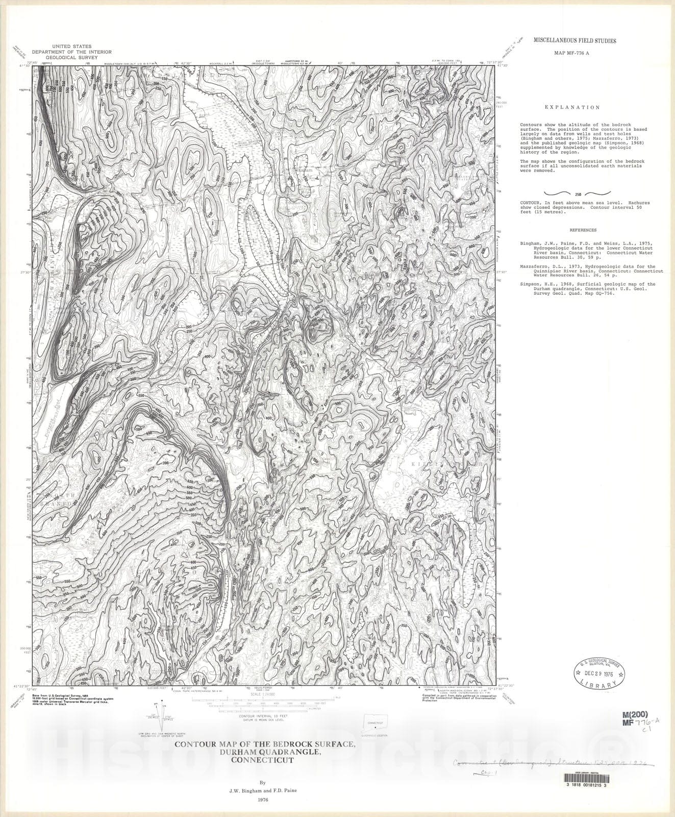 Map : Contour map of the bedrock surface, Durham quadrangle, Connecticut, 1976 Cartography Wall Art :