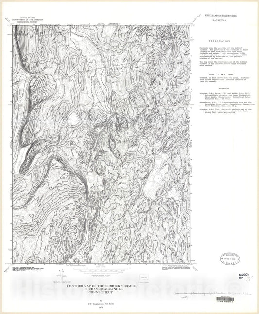 Map : Contour map of the bedrock surface, Durham quadrangle, Connecticut, 1976 Cartography Wall Art :