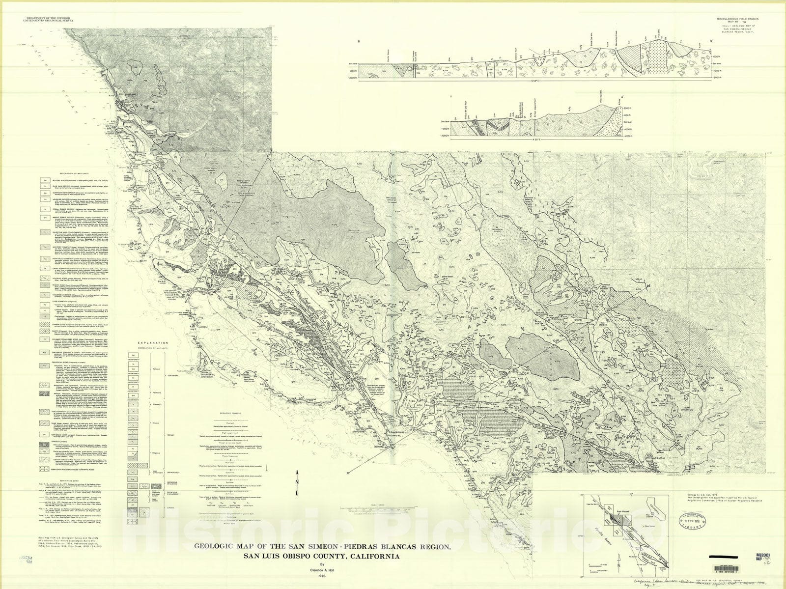 Map : Geologic map of the San Simeon-Piedras Blancas region, San Luis Obispo County, California, 1976 Cartography Wall Art :