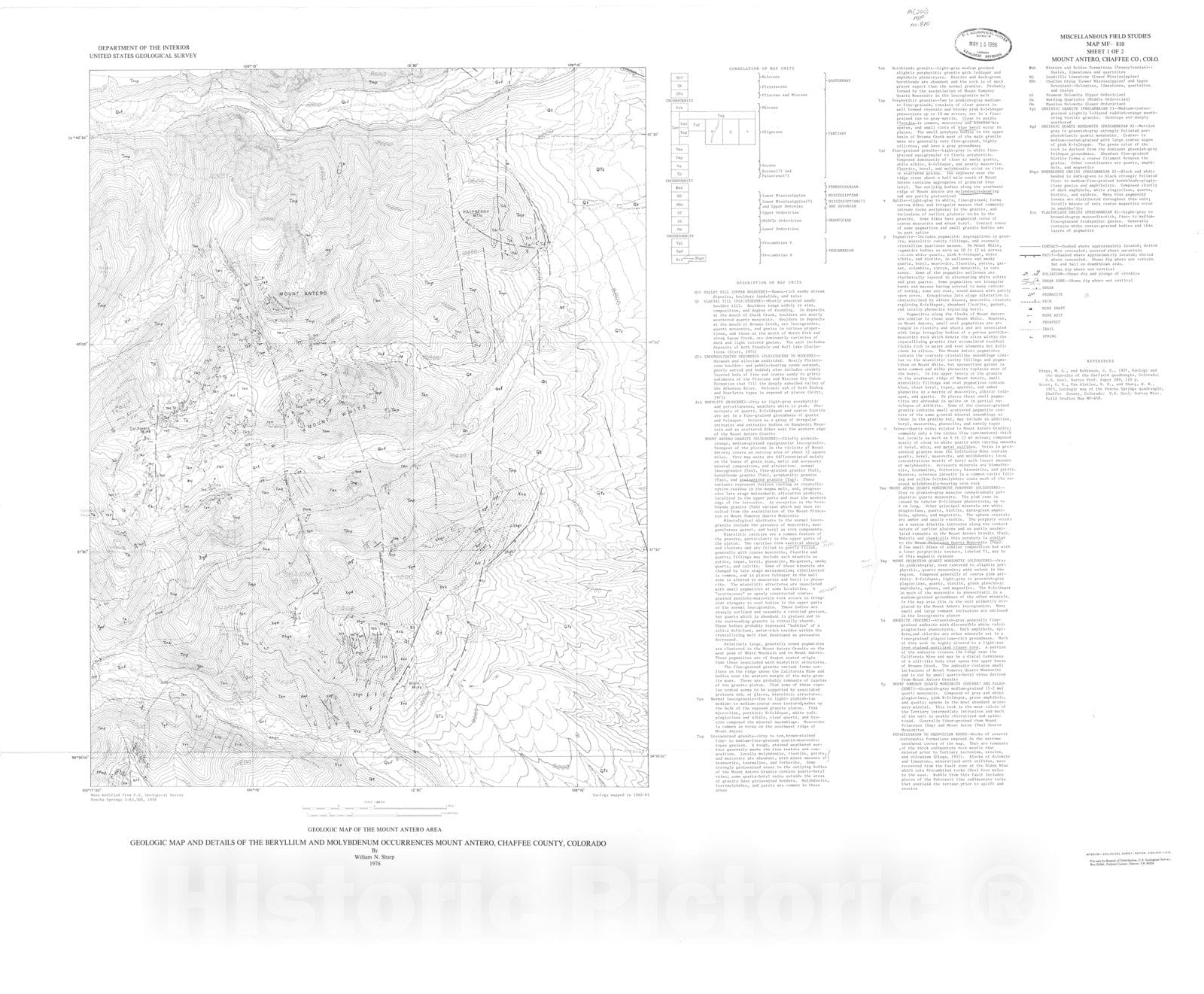 Map : Geologic map and details of the beryllium and molybdenum occurrences, Mount Antero, Chaffee County, Colorado, 1976 Cartography Wall Art :