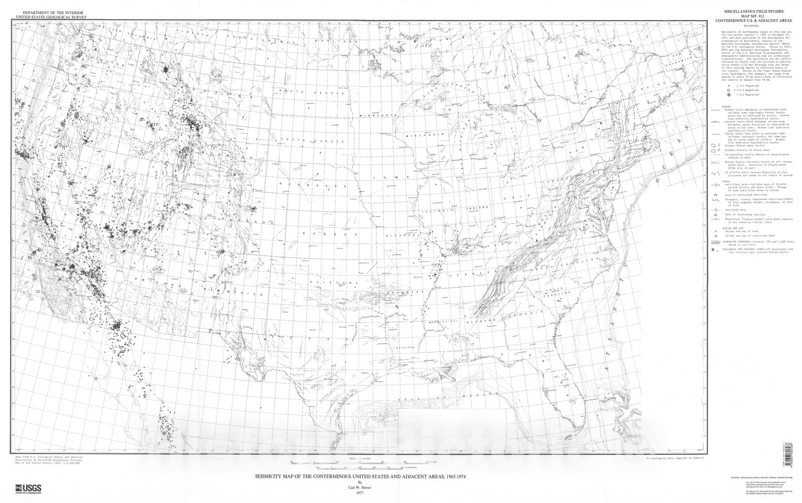 Map : Seismicity map of the conterminous United States and adjacent areas, 1965-1974, 1977 Cartography Wall Art :