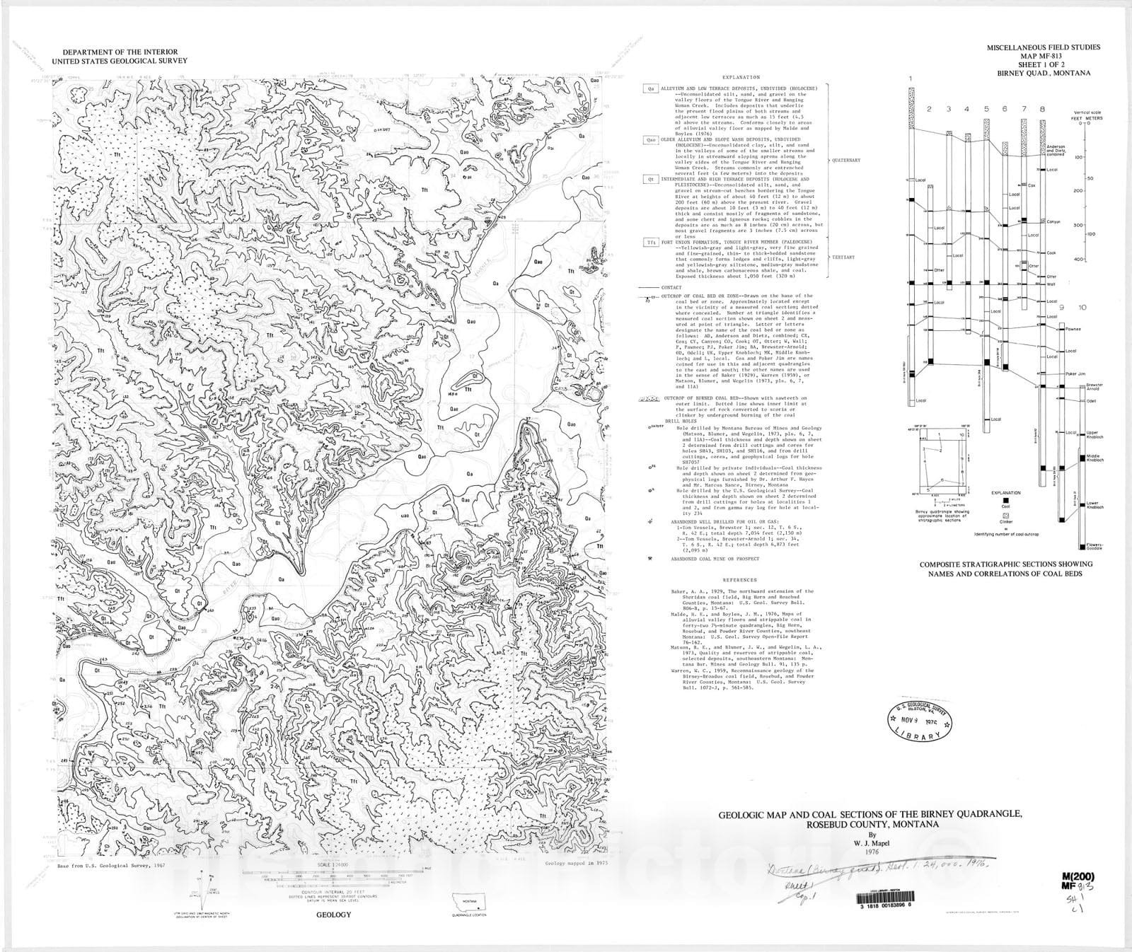 Map : Geologic map and coal sections of the Birney quadrangle, Rosebud County, Montana, 1976 Cartography Wall Art :