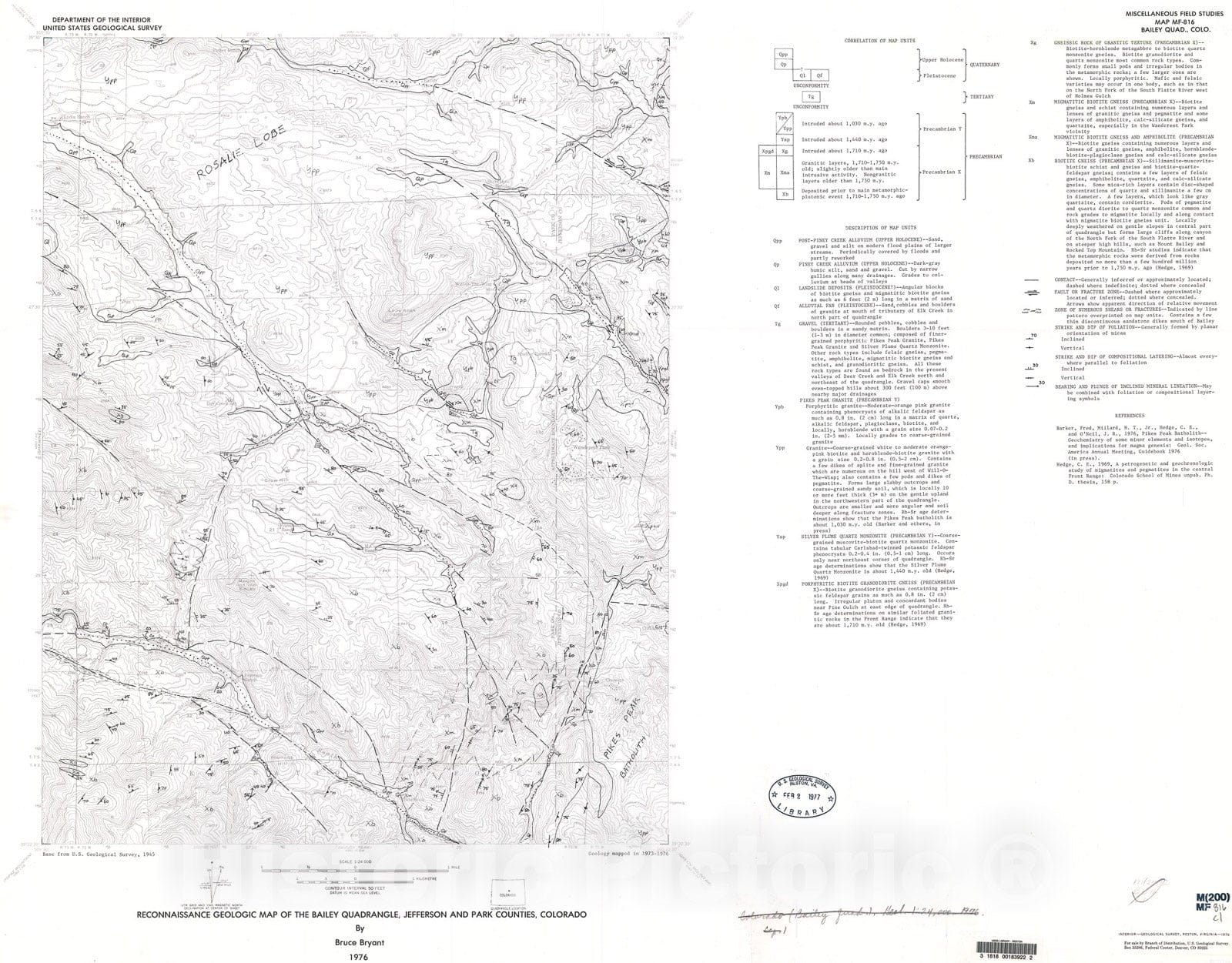 Map : Reconnaissance geologic map of the Bailey quadrangle, Jefferson and Park Counties, Colorado, 1976 Cartography Wall Art :