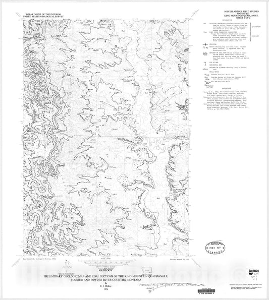 Map : Preliminary geologic map and coal sections of the King Mountain quadrangle, Rosebud and Powder River Counties, Montana, 1976 Cartography Wall Art :