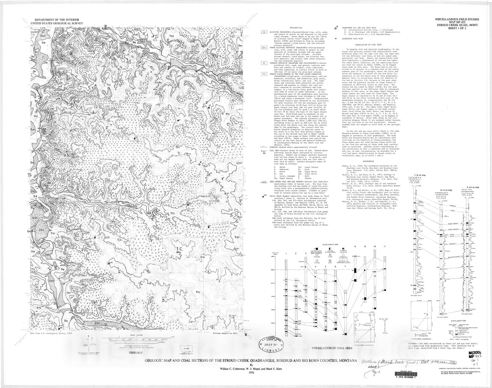 Map : Geologic map and coal sections of the Stroud Creek quadrangle, Rosebud and Big Horn Counties, Montana, 1976 Cartography Wall Art :