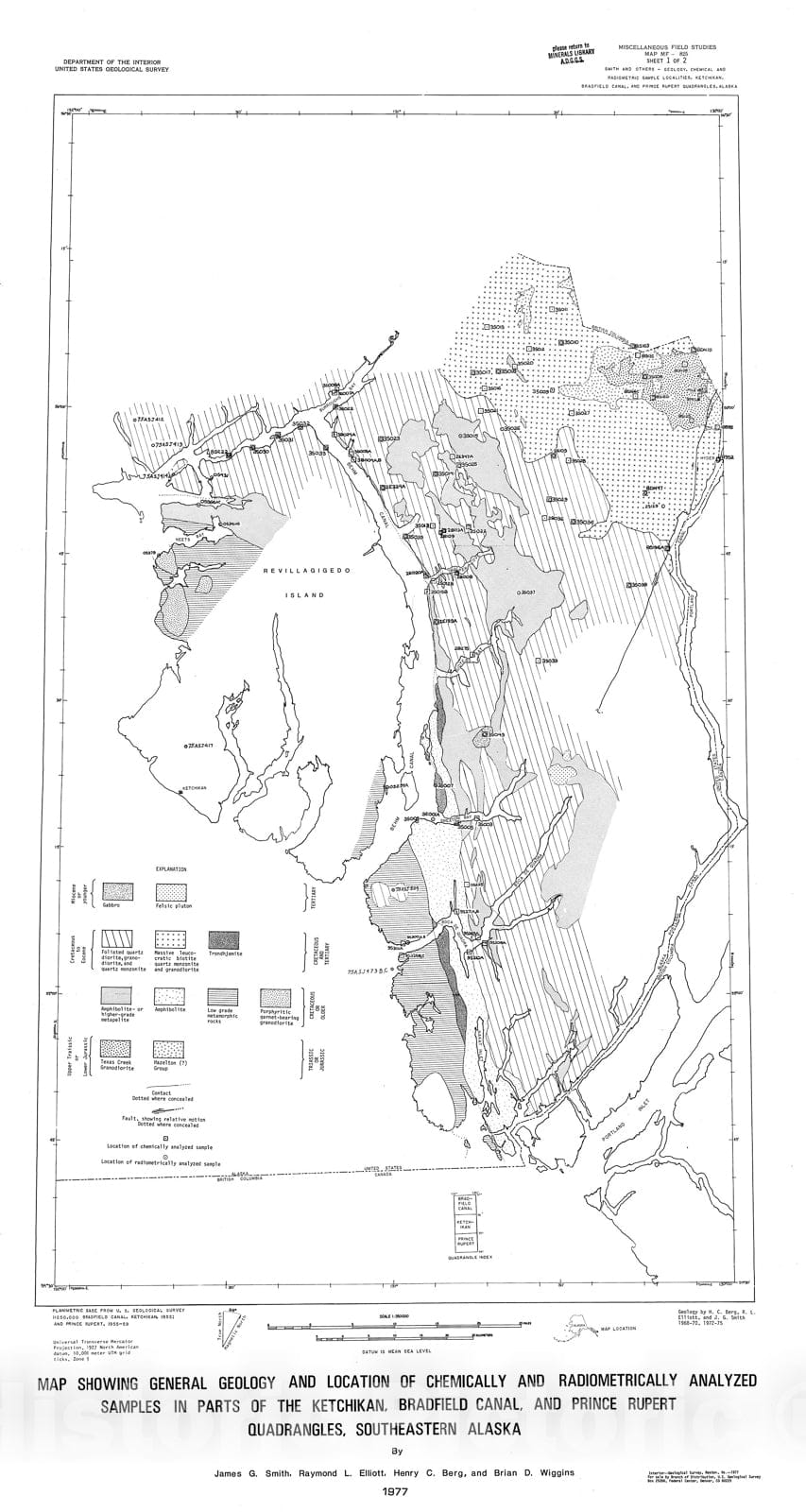 Map : Map showing general geology and location of chemically and radiometrically analyzed samples in parts of the Ketchikan, Bradfield C, 1977 Cartography Wall Art :