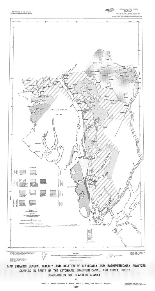 Map : Map showing general geology and location of chemically and radiometrically analyzed samples in parts of the Ketchikan, Bradfield C, 1977 Cartography Wall Art :