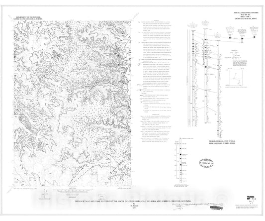 Map : Geologic map and coal sections of the Lacey Gulch quadrangle, Big Horn and Rosebud Counties, Montana, 1977 Cartography Wall Art :