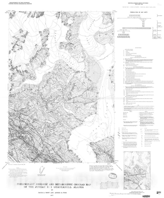 Map : Preliminary geologic and metamorphic-isograd map of the Juneau B-1 quadrangle, Alaska, 1977 Cartography Wall Art :