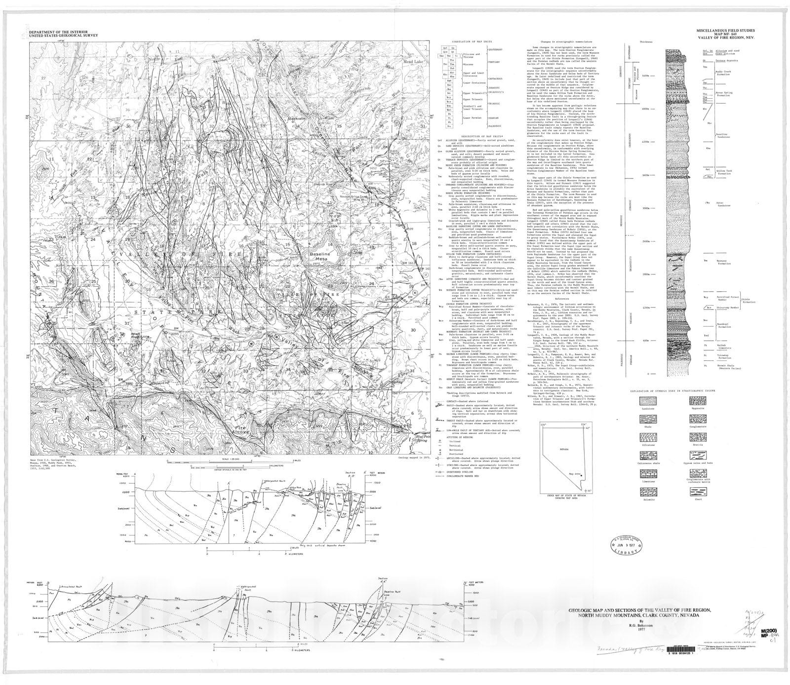 Map : Geologic map and sections of the Valley of Fire region, north Muddy Mountains, Clark County, Nevada, 1977 Cartography Wall Art :