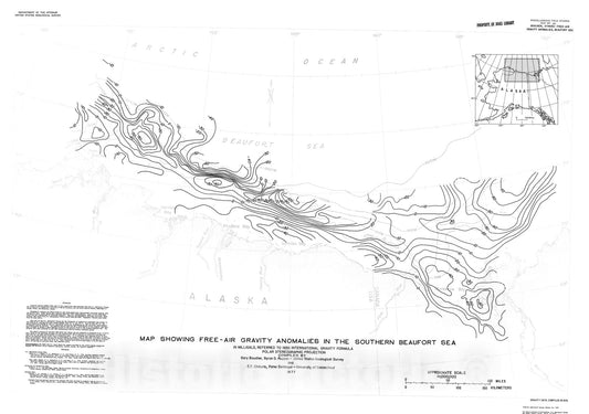 Map : Map showing free-air gravity anomalies in the southern Beaufort Sea, 1977 Cartography Wall Art :