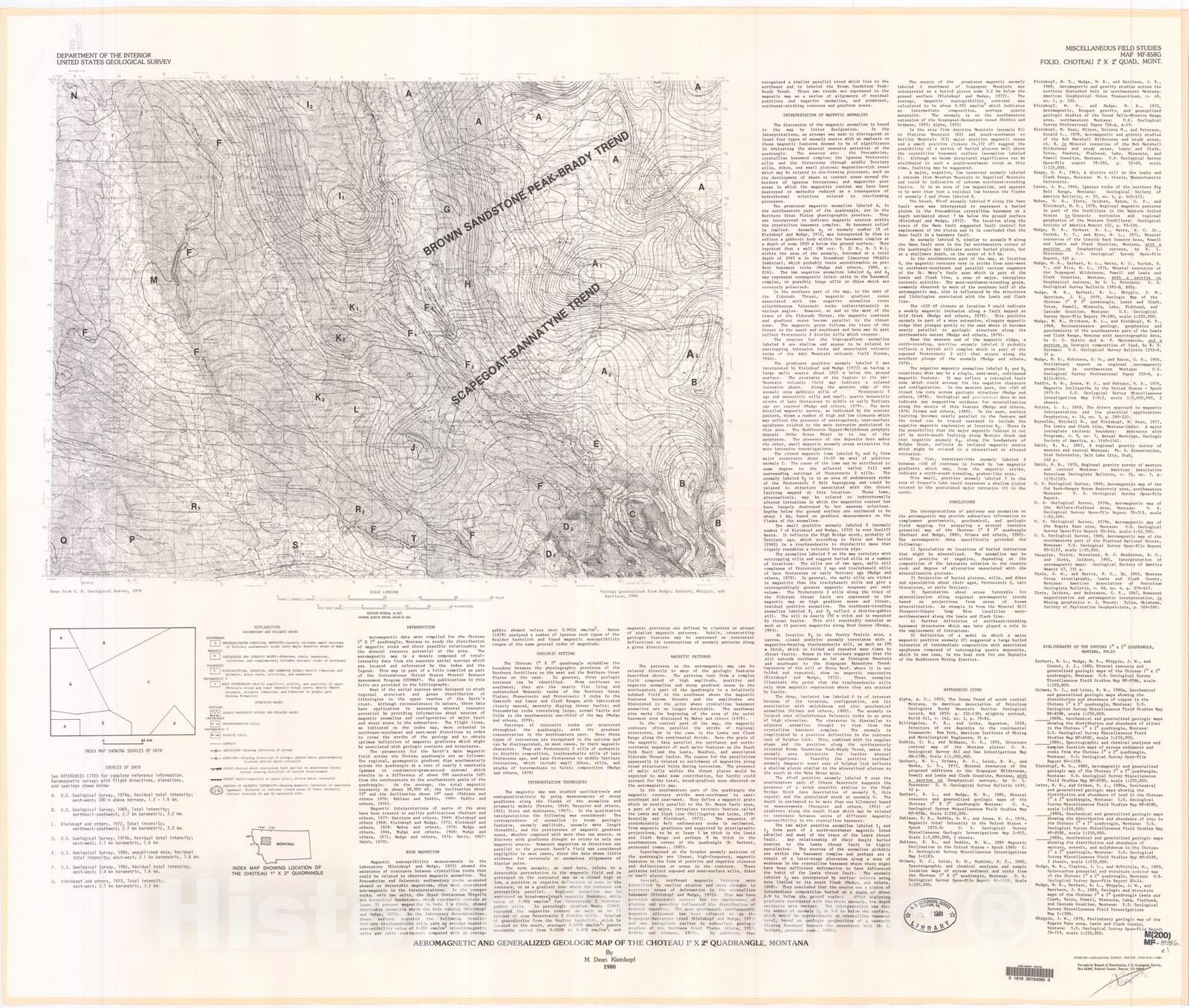 Map : Aeromagnetic and generalized geologic map of the Choteau one degree x two degrees quadrangle, Montana, one980 Cartography Wall Art :