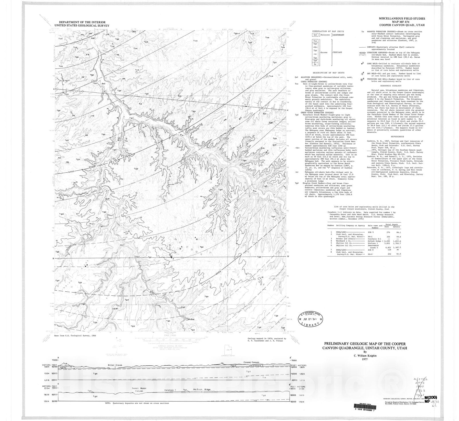 Map : Preliminary geologic map of the Cooper Canyon quadrangle, Uintah County, Utah, 1977 Cartography Wall Art :