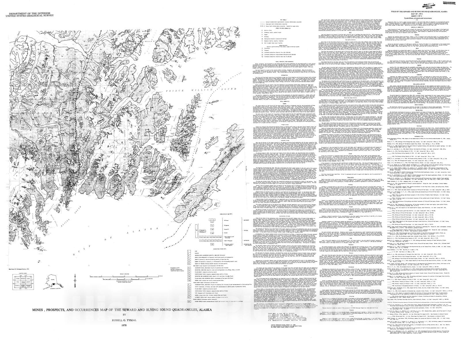 Map : Mines, prospects, and occurrences map of the Seward and Blying Sound quadrangles, Alaska, 1978 Cartography Wall Art :