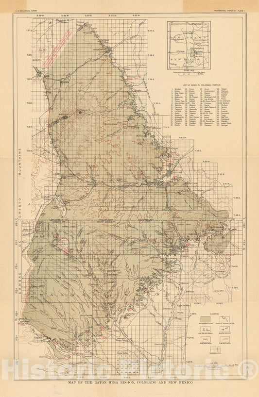 Map : Geology and paleontology of the Raton Mesa and other regions in Colorado and New Mexico, 1917 Cartography Wall Art :