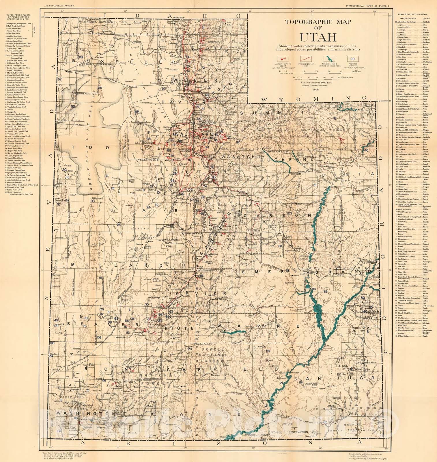 Map : The ore deposits of Utah, with an appendix on Carboniferous and Triassic faunas, 1920 Cartography Wall Art :