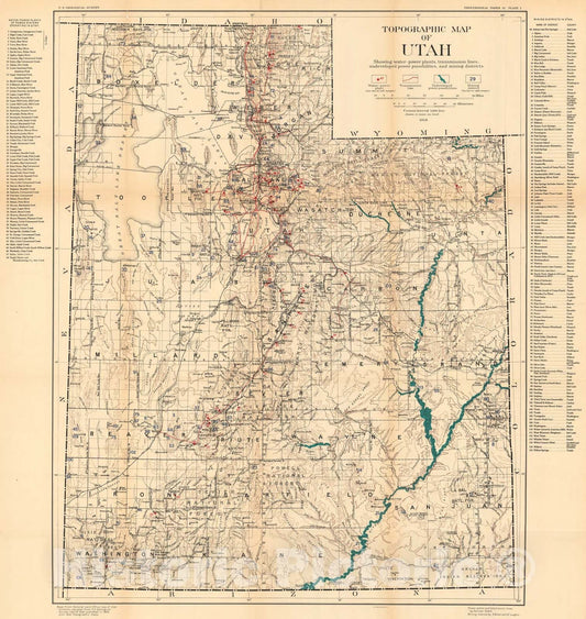 Map : The ore deposits of Utah, with an appendix on Carboniferous and Triassic faunas, 1920 Cartography Wall Art :