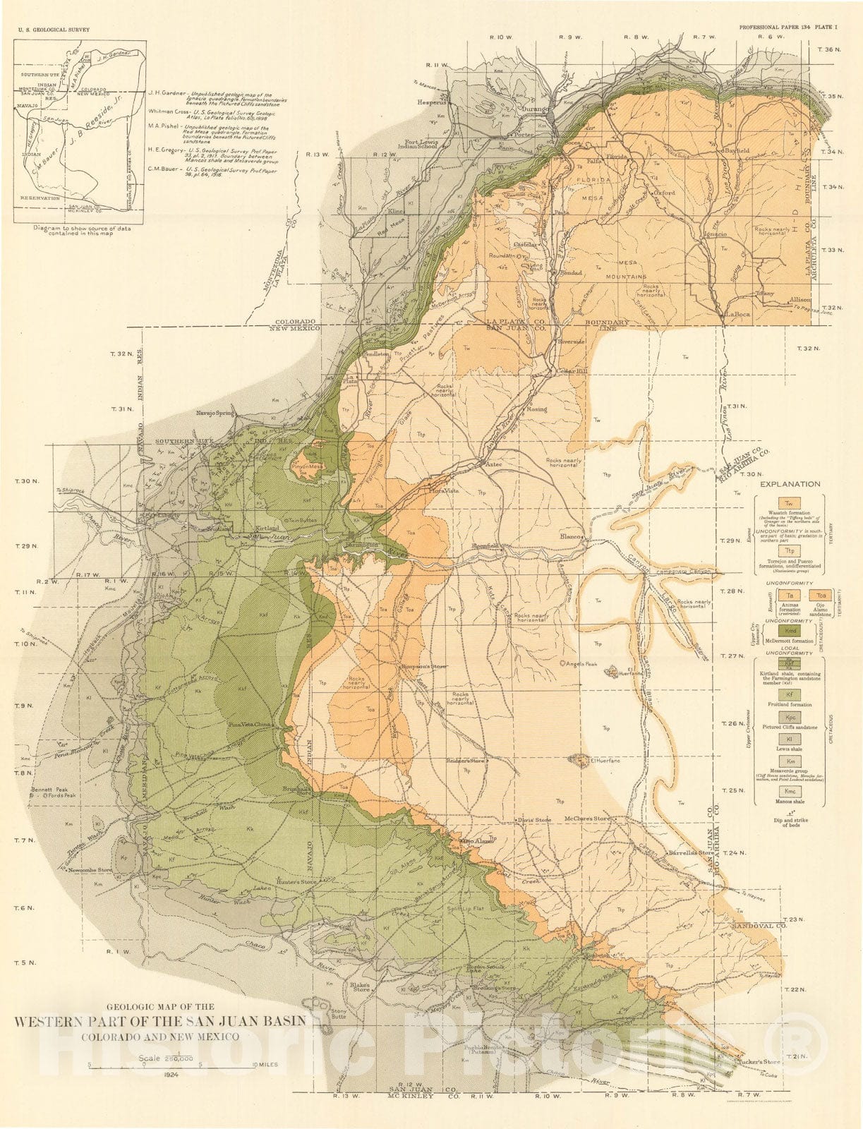 Map : Upper Cretaceous and Tertiary Formations of the western part of the San Juan Basin, Colorado and New Mexico, 1924 Cartography Wall Art :