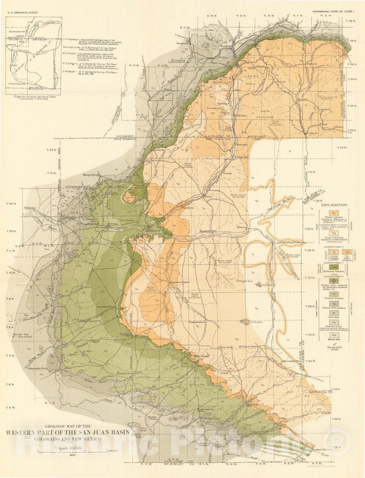Map : Upper Cretaceous and Tertiary Formations of the western part of the San Juan Basin, Colorado and New Mexico, 1924 Cartography Wall Art :